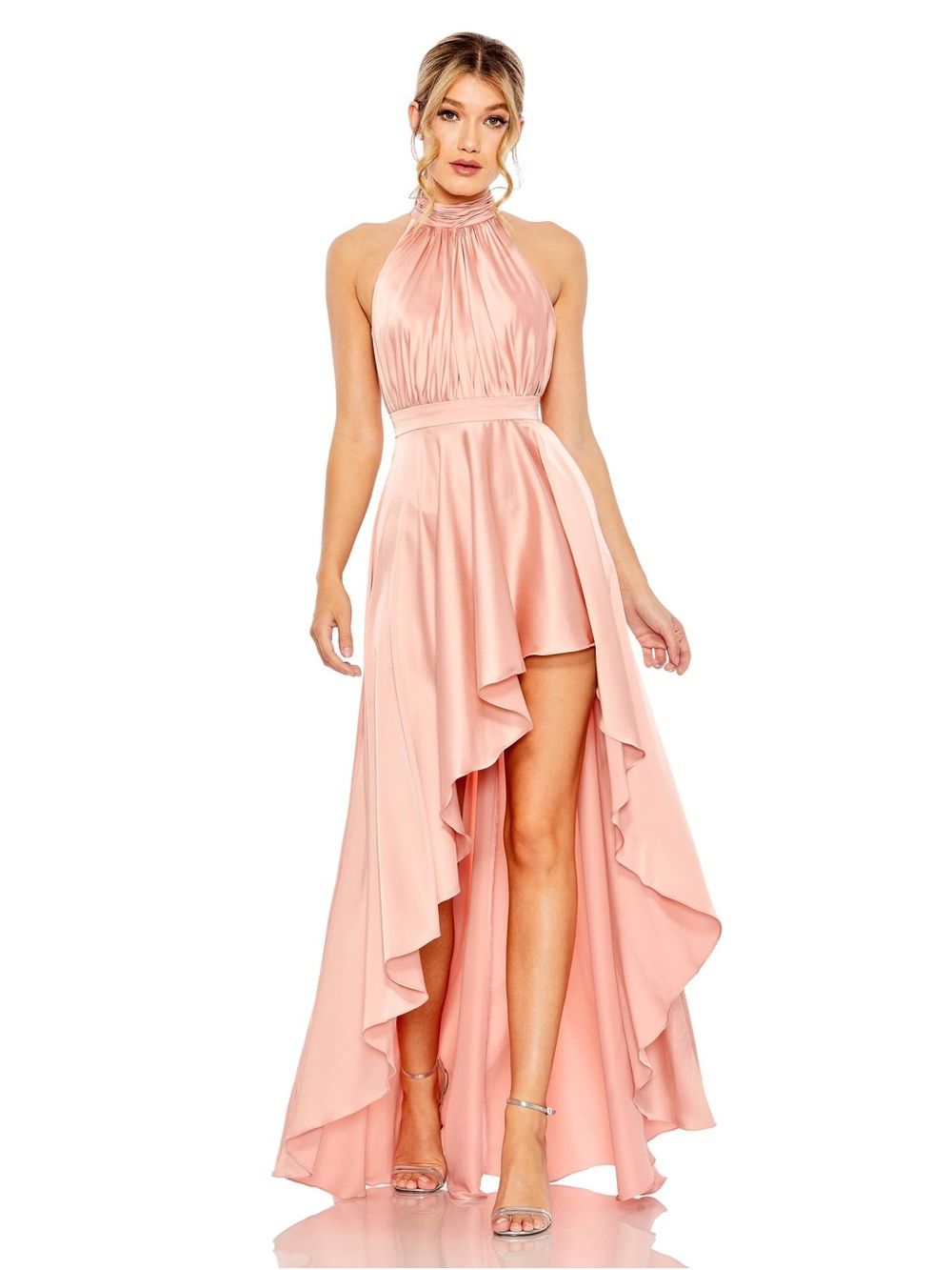 Mac Duggal Blush Pink High-Low Halter Satin Gown